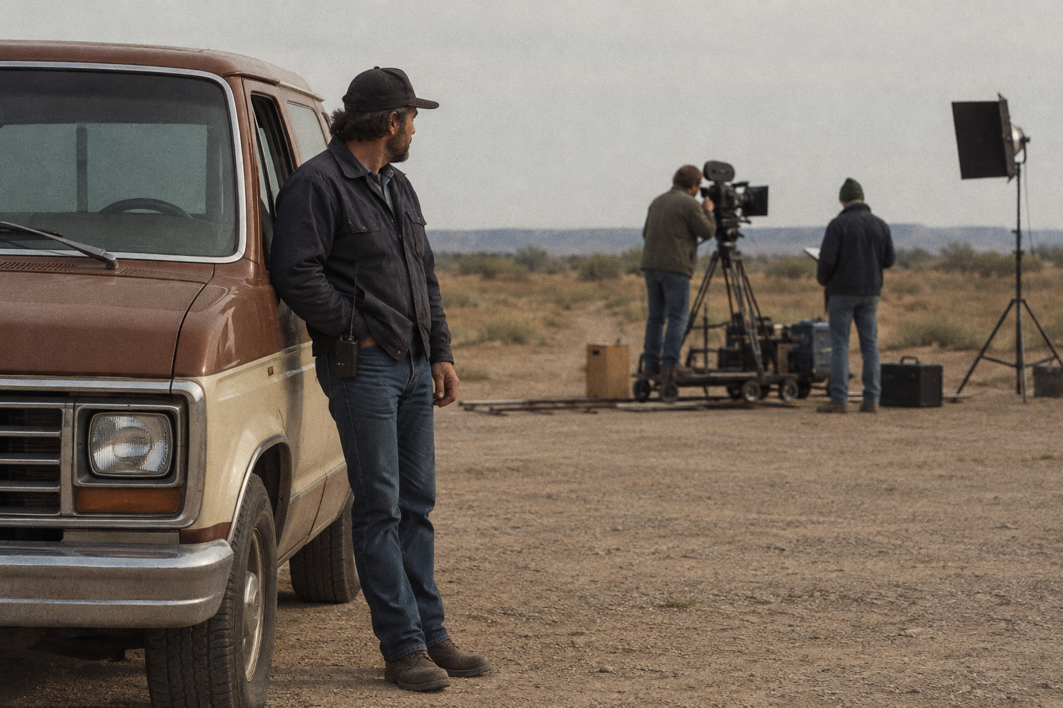 A transportation driver waits beside a vehicle on a film set while a camera crew works in the background, illustrating that a Wild at Heart credit refers to crew work rather than an acting appearance.