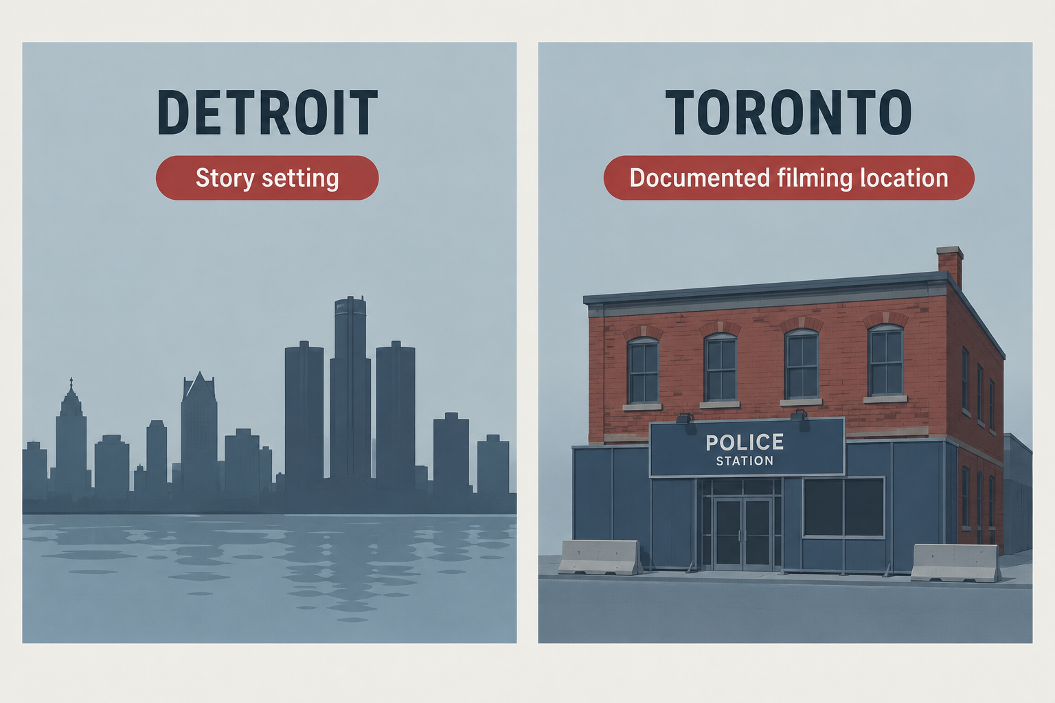 A simple two-part visual contrast: a Detroit label identifies the fictional story setting, while a Toronto marker identifies the documented filming location and precinct set.