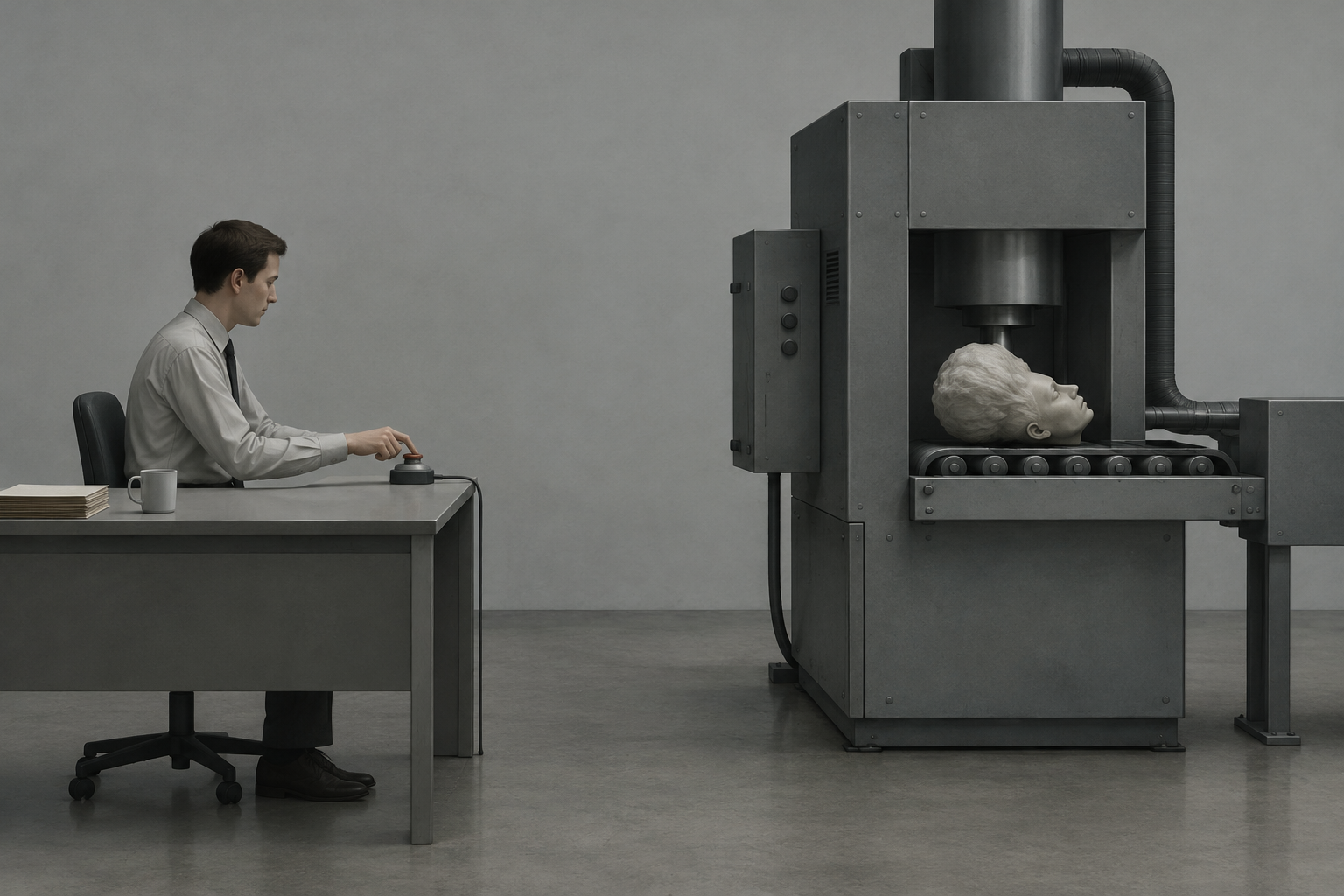 A plainly dressed office worker operates a desk buzzer beside an industrial machine holding an unsettling severed-head-shaped object, emphasizing the contrast between routine and the grotesque.