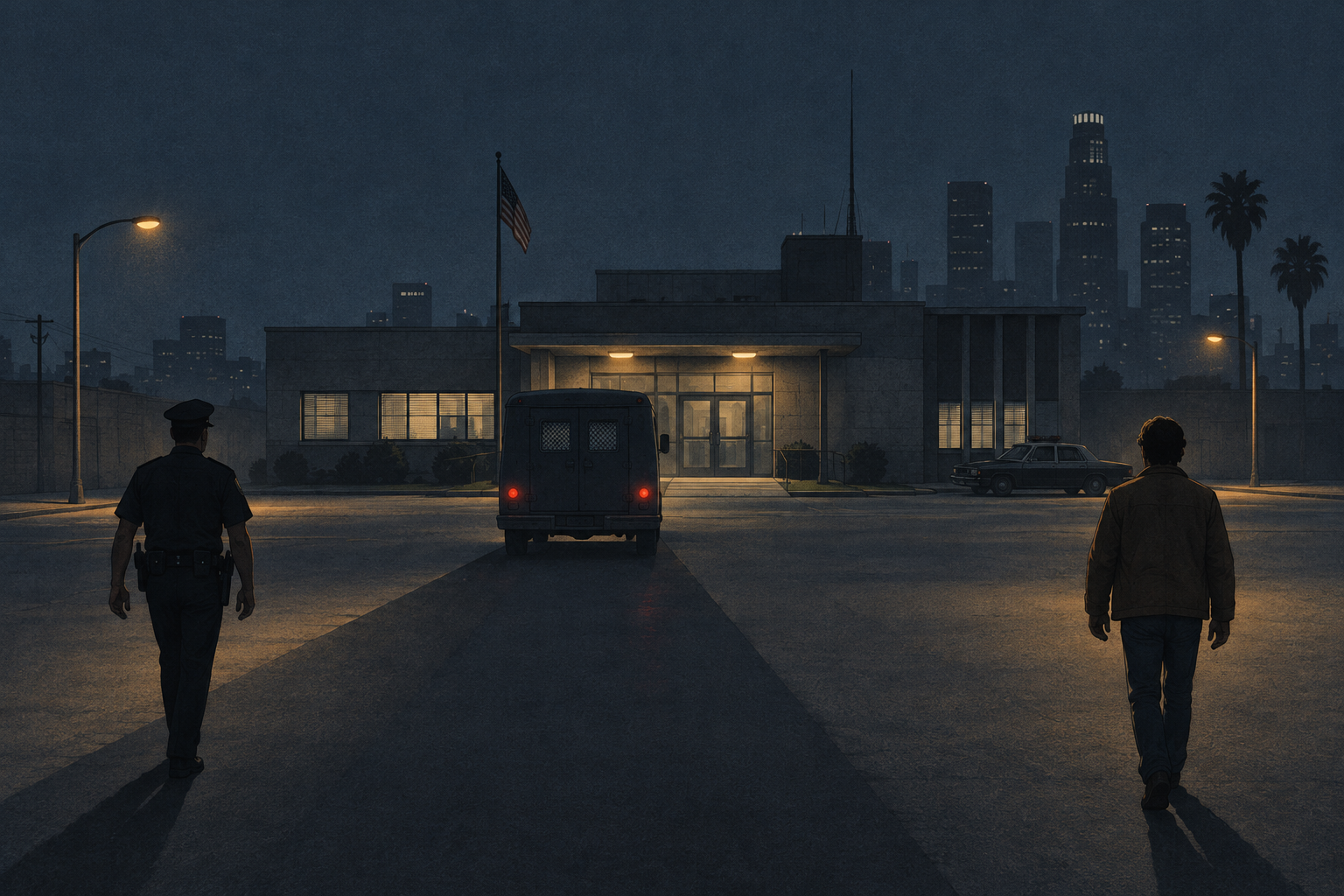 A simplified nighttime Los Angeles street scene shows a police officer, a prison transport, and a father approaching a small police station from separate directions, with their routes visually converging on the building.
