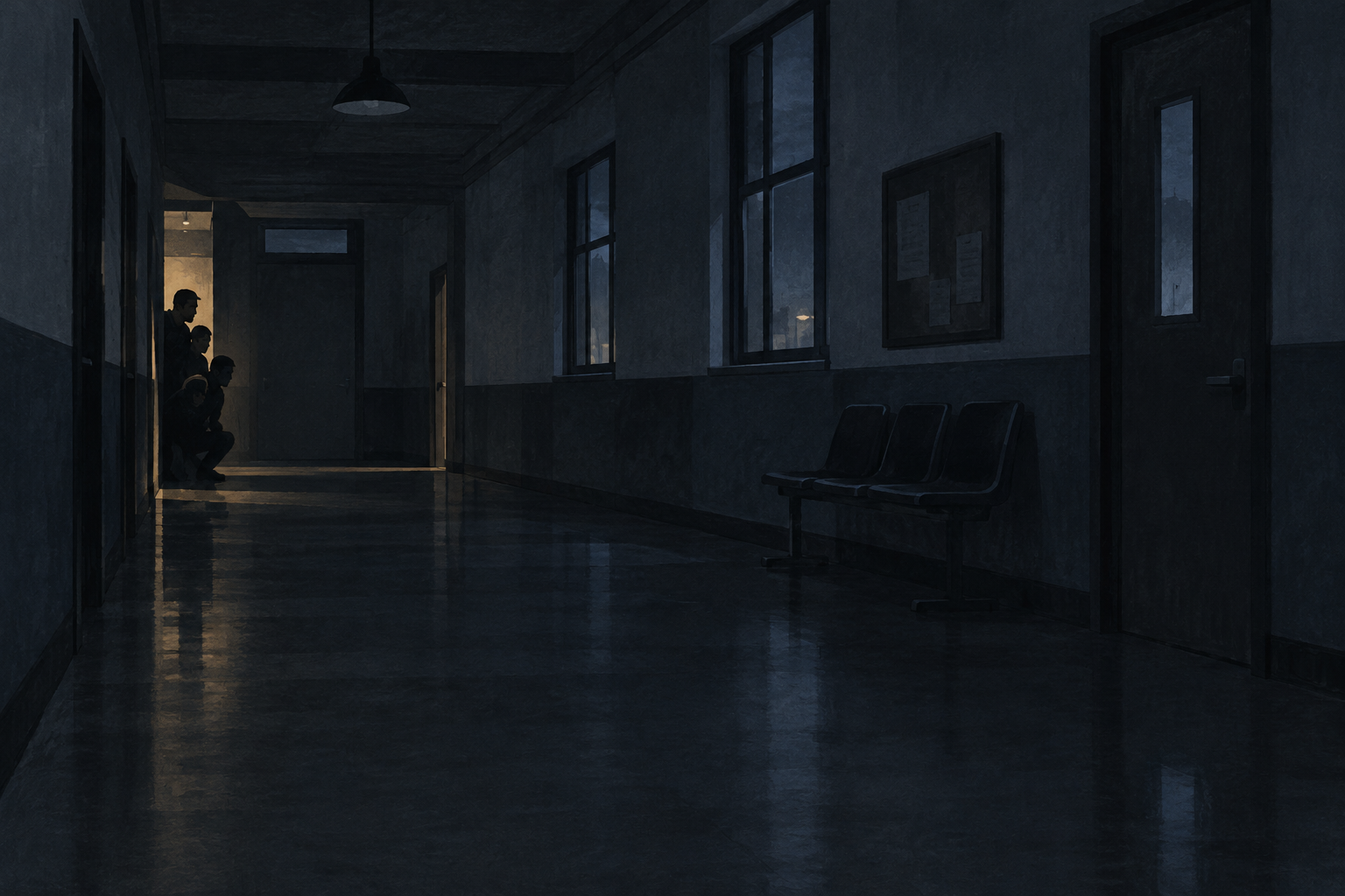 A stylized, dim police-station corridor frames a small group of defenders behind cover, while an empty stretch of corridor creates anticipation about what may happen next.