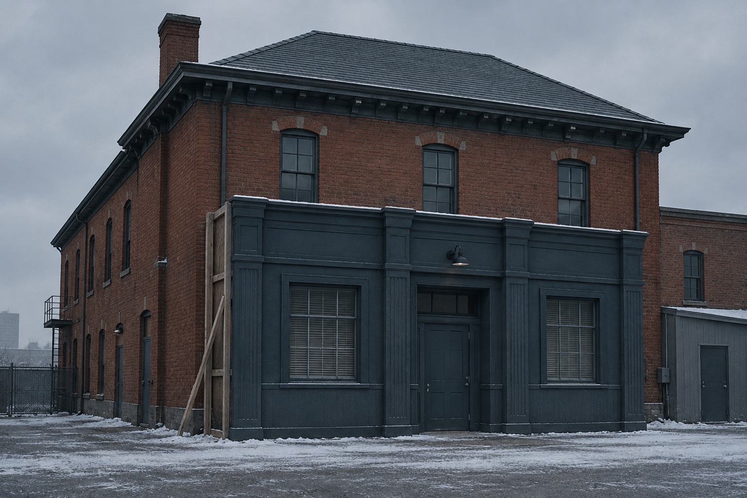 A restrained cinematic illustration of a temporary police-station frontage on a brick railway office building, with artificial snow on the ground; the historic building remains visible beneath the set dressing.