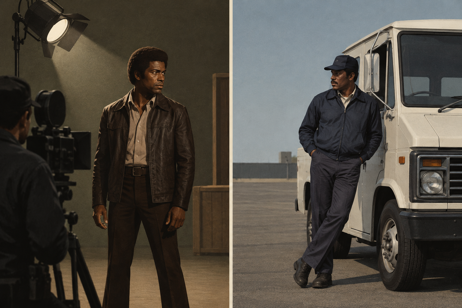A simple split composition shows an actor under a film light on one side and a crew driver beside a production vehicle on the other, distinguishing on-screen work from transportation work.
